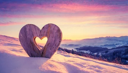 Foto op Plexiglas wooden handmade heart in winter nature wit colorful pleasure colors of sunset light valentine love wallpaper with space for your montage © Claudio