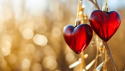 Fotobehang two red glass hearts on golden branches with beautiful light love and date st valentines day card 14 february wedding invitation or thank you concept wide banner with copy space © Claudio