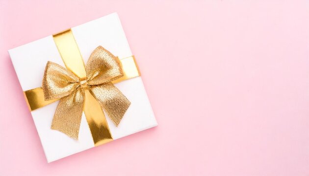 blank gift card with golden bow on pink background top view space for text