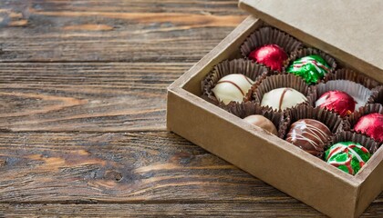 box with christmas chocolate candies on wooden table - obrazy, fototapety, plakaty