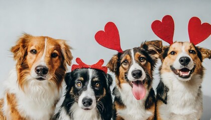banner five group dogs puppy love celebrating valentine s day with a red heart shape diadem on white background - obrazy, fototapety, plakaty