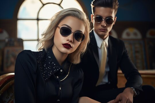 Vibrant 1950s fashion leather jackets, poodle skirts, slicked-back hair capturing essence of iconic rock and roll imagery. rebellion and style reminiscent of an era that reshaped culture and fashion.