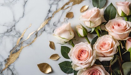 a photorealistic top view shot of a white marble background with scattered blush pink roses and delicate gold leaf accents creating an opulent and minimalistic beauty wedding glamor