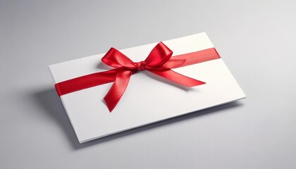 blank white gift voucher with red ribbon bow or empty gift signboard on grey background with shadow minimal conceptual