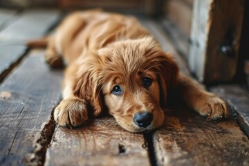 cute golden retriever puppy laying head down and looking to side, trying to fall asleep on wooden floor