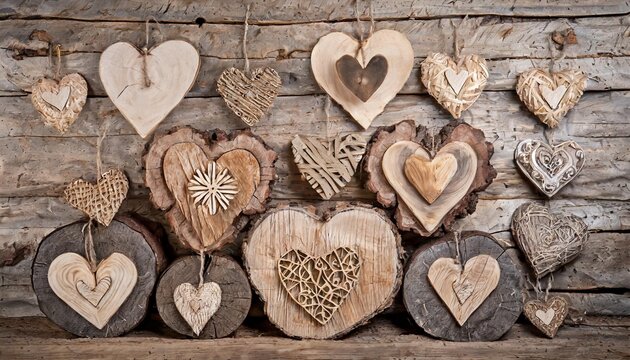 set of different craft hearts on wooden logs
