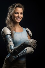 Naklejka premium Young girl confidently with technologically advanced prosthetic arm. Integrates natural movement, symbolizing resilience, empowerment, intersection of humanity with cutting-edge assistive technology.