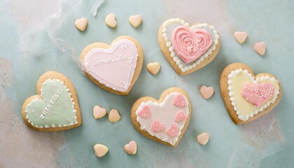 pale valentine candy cookies with messages over pastel background - obrazy, fototapety, plakaty