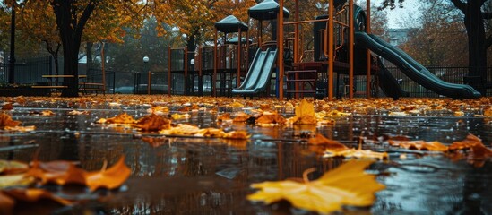 The rainy autumn day covers the park playground in wet yellow leaves and dark reflections.