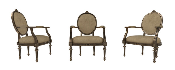 Vintage style armchair with beige upholstery. Isolated 3D illustration set of 3 different angles.