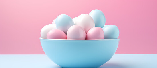 coloful  easter eggs in a blue bowl on pink  background with copy space.  Generative AI	