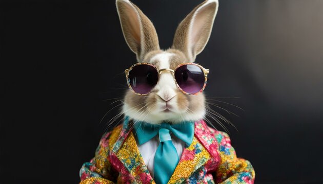 Rabbit in retro suit with colorful sunglasses on black background