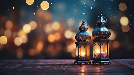 Decorative Arabic lanterns with burning candles shine on the evening mosque background. Festive greeting card, invitation to the Muslim holy month of Ramadan Kareem. copy space - generative ai - obrazy, fototapety, plakaty