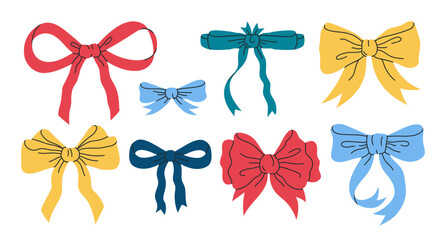 Hand drawn bows. Birthday gifts ribbon decoration, silk bows for holidays present boxes flat vector illustration set. Multicolored cartoon bow collection