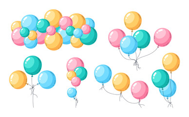 Helium balloons bunches. Air balloons festive decorations, happy birthday celebration colorful decor flat vector illustration set. Flying glossy air balloons