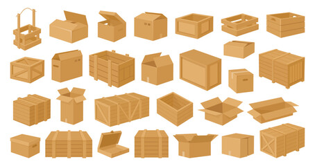 Wooden and cardboard boxes. Carton delivery packages, cargo shipping wooden boxes flat vector illustration set. Cartoon delivery package collection - obrazy, fototapety, plakaty