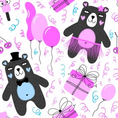 Birthday party cartoon animals seamless bears and balloons and gift pattern for wrapping paper and fabrics
