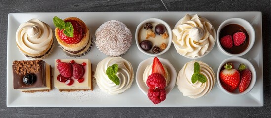 Assorted French and Spanish creamy desserts on a tray, viewed from above.