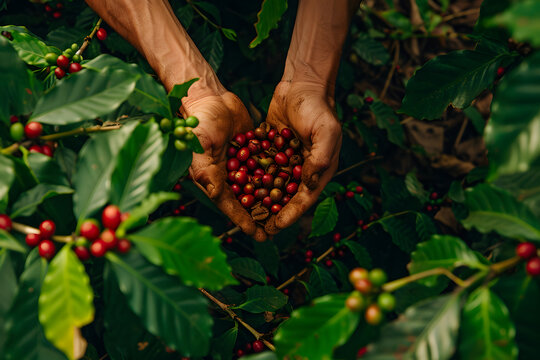Die Kunst der Ernte: Frisch geerntete Kaffeebohnen werden behutsam in H&auml;nden gehalten, eine Hommage an die handwerkliche Kunst der Kaffeebauern