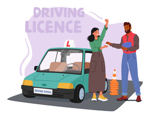Determined Woman Character Successfully Obtains Her Driving License After Skillfully Demonstrating Her Abilities