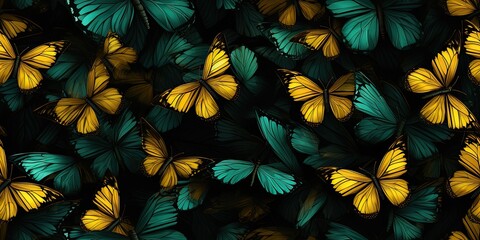 Golden and Teal Butterfly Swarm on Dark Background