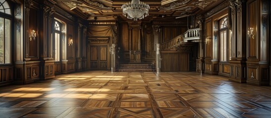 Antique European manor with vintage interior, wood paneling, parquet floor, and romantic luxury style.