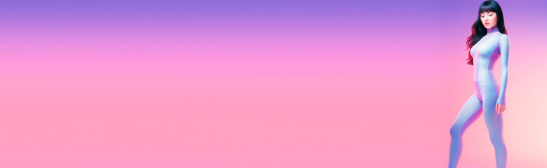 Obraz premium Banner with A young female trainer in blue and violet sportswear in fashion pose standing against on a pastel pink light background. Beautiful. training, health sport concept.