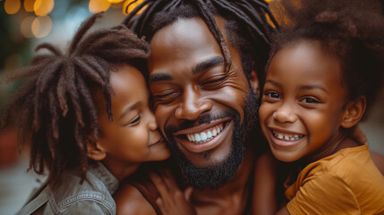 Two black kids kissing and hugging his dad. Reunited and excited to see him. Happy father with his adorable kiddos. - obrazy, fototapety, plakaty