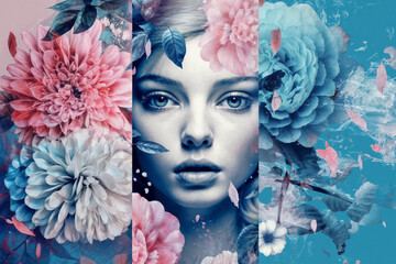 Fashion illustration- a woman's serene face with makeup on, in a bed of blue and pink flowers - perfect graphic design resource for glamour based products