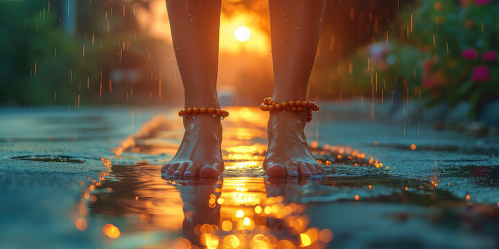 Close-up of a lady's feet with colorful anklets after rain. Traditional Anklet Adorning female Bare Feet.