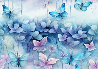 Ethereal Blue Butterflies Among Watercolor Flowers