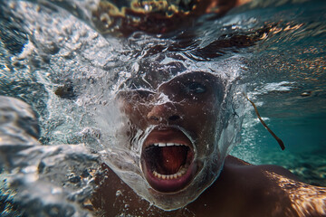 Young Man Experiencing Plastic Pollution, Mouth Open in Water