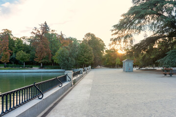 Early morning sunrise at Parque del Buen Retiro in Madrid, Spain