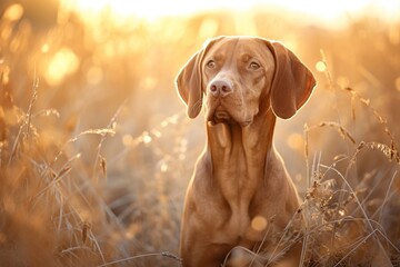 Vizsla dog standing in a field of tall grass during golden hour, with warm sunlight. Generative AI.