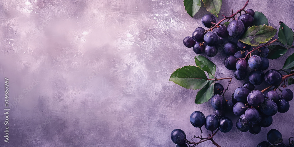 Wall mural fresh black currants on pastel flat background with copy space, banner template. glistening black cu