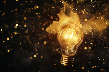 
A glowing light bulb on a dark background bursts with sparkling gold glitter, creating a magical and inspirational effect