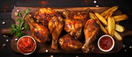 Scrumptious barbecued chicken meat with fried chicken legs, top view. - obrazy, fototapety, plakaty