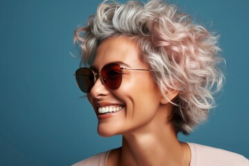 Fototapeta na wymiar Energetic and exuberant expression of happiness by a stylish woman, attractive women of 70 years old with stylish short haircut in modern sunglasses, isolated on light blue background, paste space
