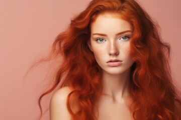 Fototapeta premium Stylish and alluring, a young woman with glamorous red hair. Young women with red long curly hair on the pink background