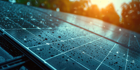 Sunset Gleam on Wet Solar Panels. Closeup Solar panels with raindrops outside the house, roof, water drops. - obrazy, fototapety, plakaty