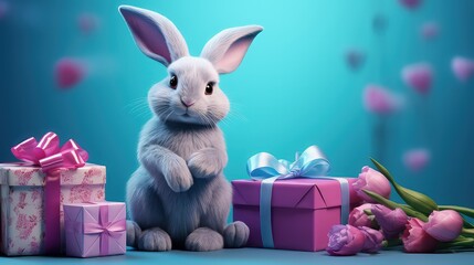 An adorable bunny surrounded by wrapped gifts and pink tulips, perfect for celebrating special occasions