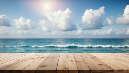 Fototapeta premium Blurred Sea View on Empty Wooden Table Background, Wooden Table