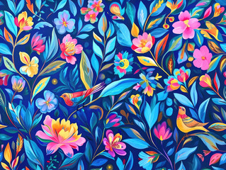 Beautiful Classic Victorian style Poetic and Hand Painted Retro Fine Art canvas for wallpaper and background with Colorful Peacocks, birds, Flowers and plants, Nature-inspired and floral botanical