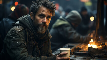Fototapeta premium A photo of a poor, homeless man in a pub