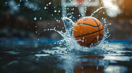 Basketball ball in water splashes on blurred background. Sport concept - obrazy, fototapety, plakaty