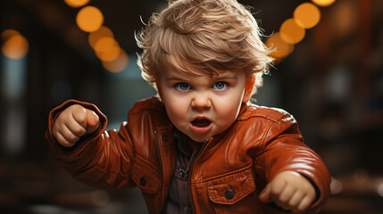 Boxer toddler fighting with an angry look. - obrazy, fototapety, plakaty