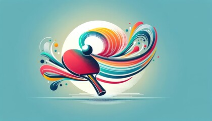 Abstract table tennis paddle and ball with dynamic lines and color splashes on a gradient background.
 - obrazy, fototapety, plakaty