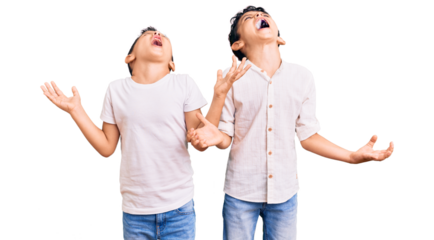 Couple of little brothers together wearing casual clothes crazy and mad shouting and yelling with aggressive expression and arms raised. frustration concept.