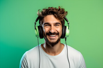 studio portrait of happy man wearing headphones isolated on green background - obrazy, fototapety, plakaty