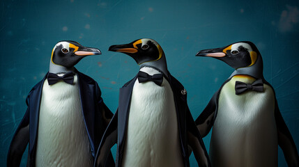 Fototapeta premium Three Penguins in Tuxedos at a Formal Gathering